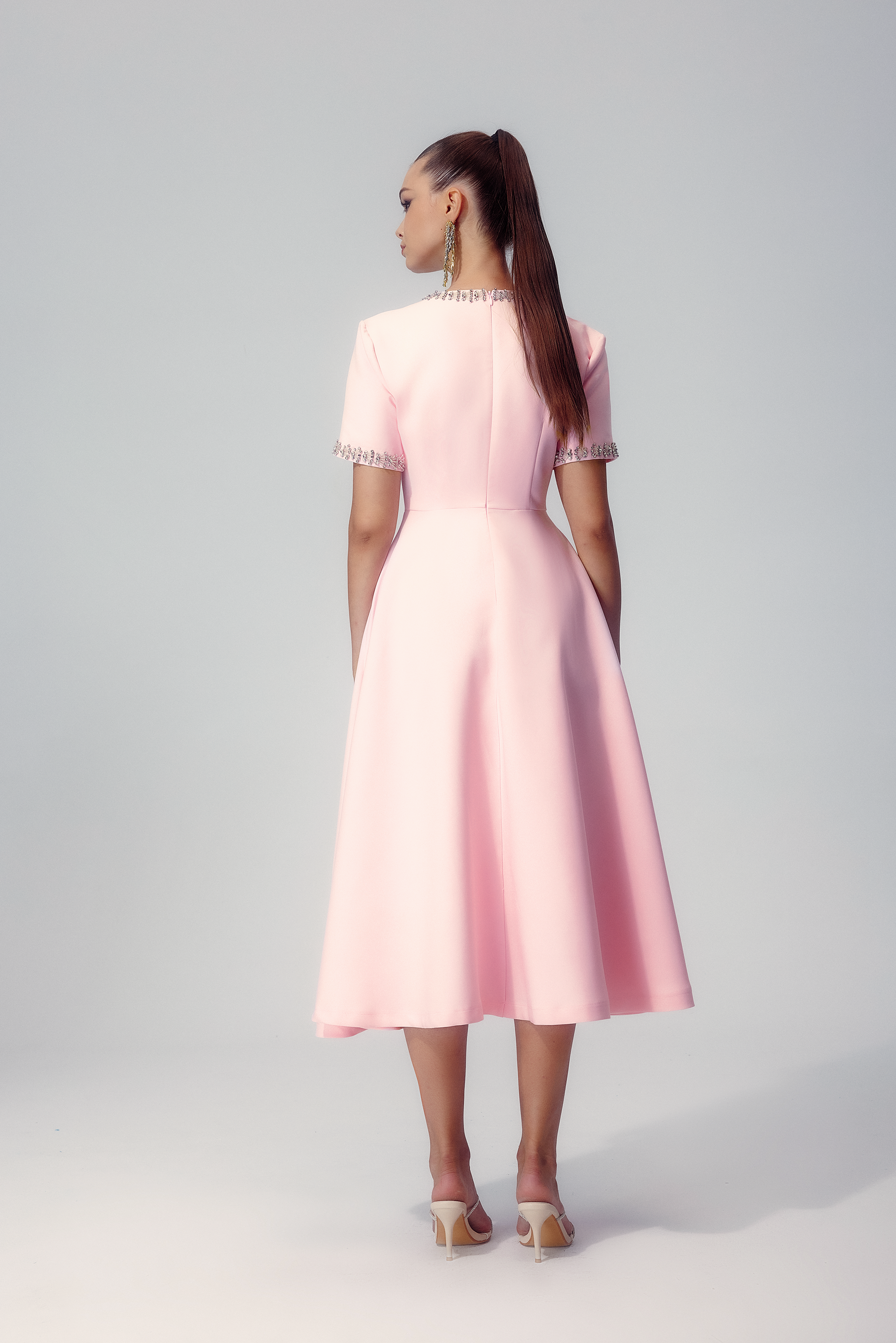 Minimalist Mercedes Midi Dress with Bow and Crystal Embellishment Chic Silhouette Collection