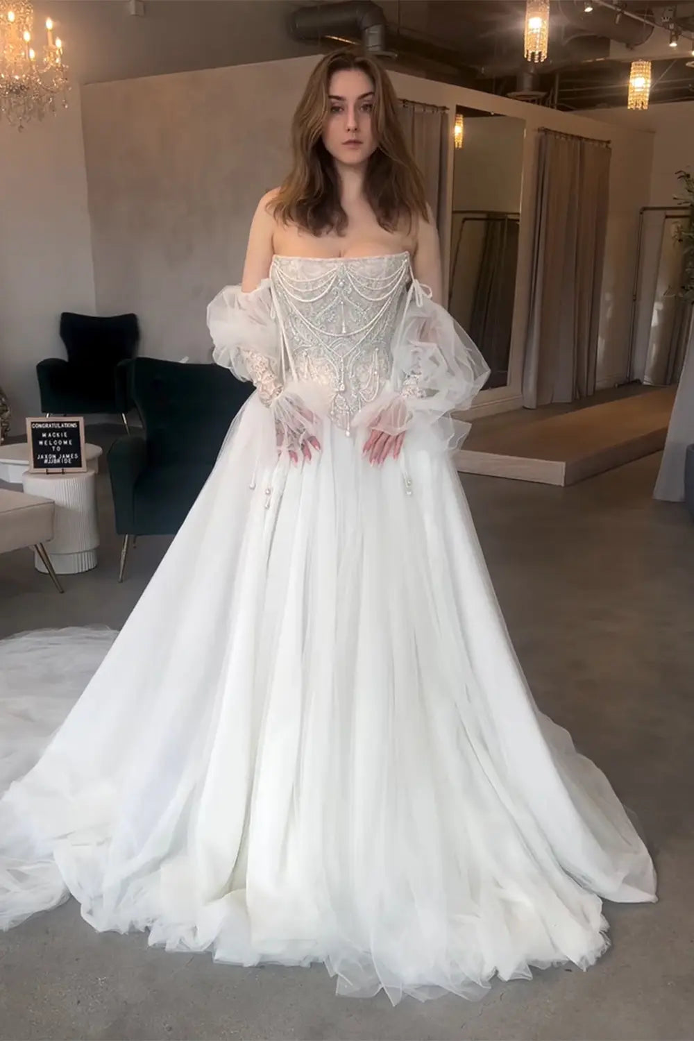White Draped Pearl Tulle Ball Gown Bridal Dress with Puff Sleeves ZP205 - VelvetHem