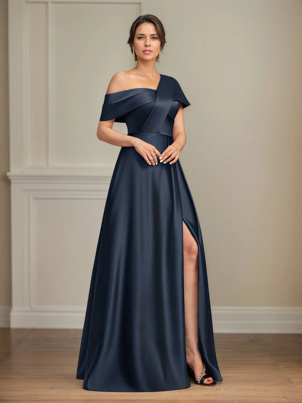 A-Line Asymmetrical Floor-Length Satin Mother of the Bride Dress With Pleated - View 3 | FashionDia