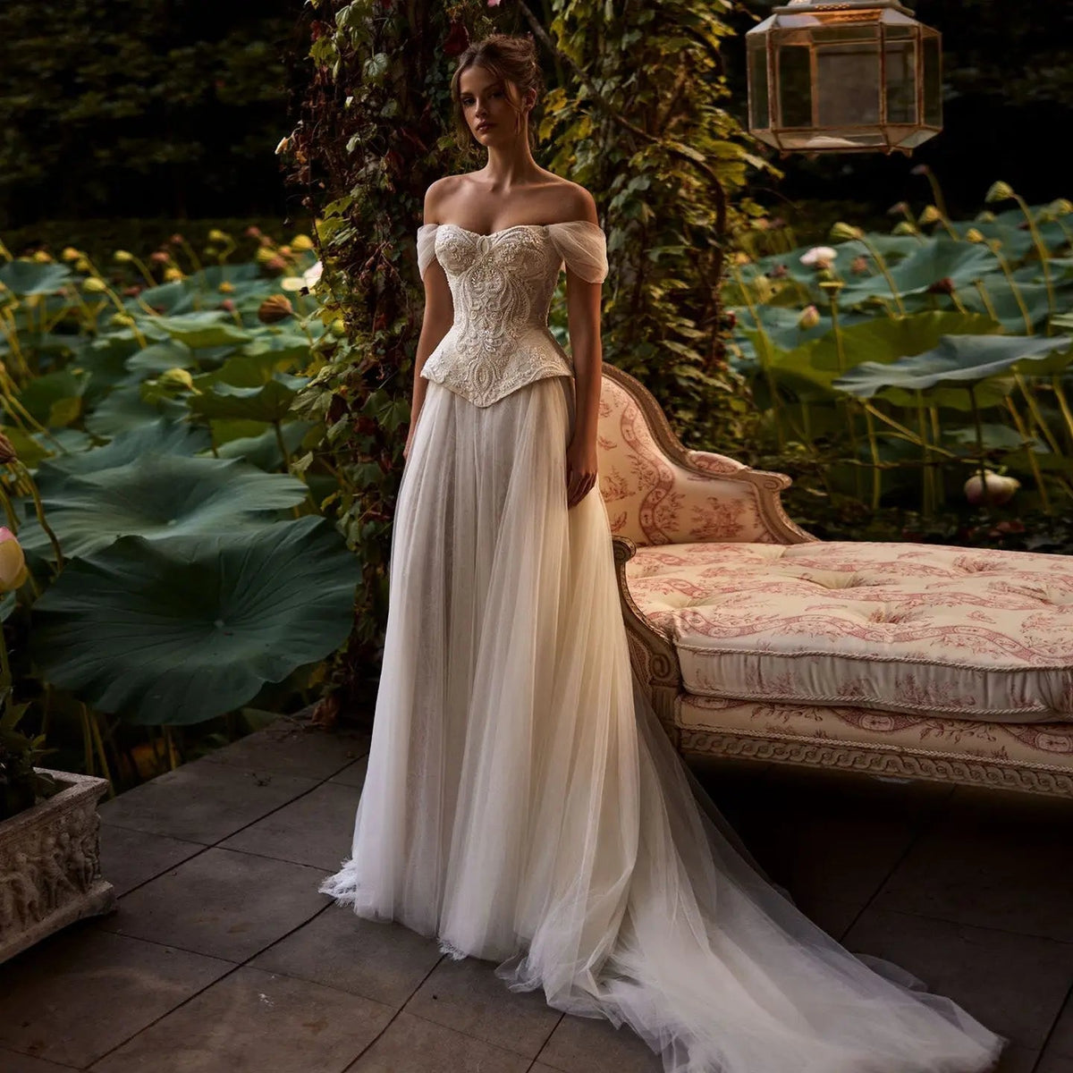 Luxury Ivory Off-the-Shoulder Lace Corset Tulle Train Wedding Dress ZP135 - VelvetHem