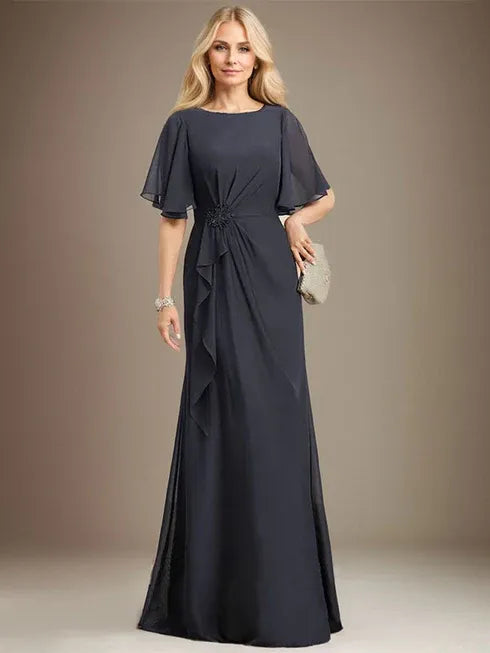 A-line Scoop Floor-Length Chiffon Mother of the Bride Dress With Cascading Ruffles Beading Sequins - FashionDia
