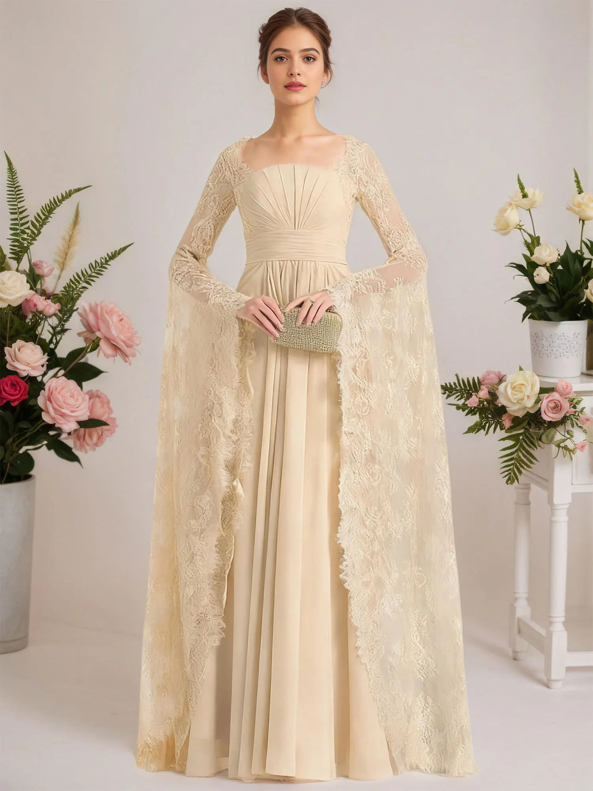 A-line Square Floor-Length Chiffon Lace Evening Dress With Beading Pleated - FashionDia
