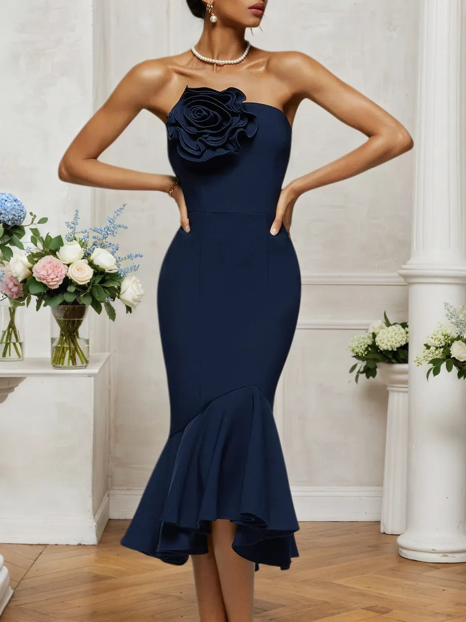 Dark Blue 3D Floral Strapless Mermaid Midi Dress - View 4 | FashionDia