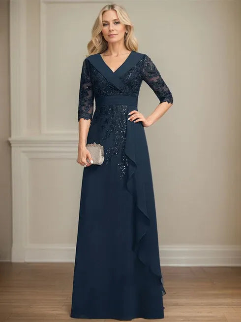A-line Collared V-Neck Floor-Length Lace Chiffon Mother of the Bride Dress With Sequins Cascading Ruffles - FashionDia