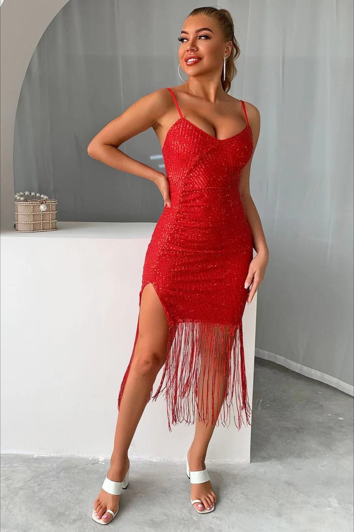 Slim V Neck Tassel Sequin Dress - View 5 | VelvetHem