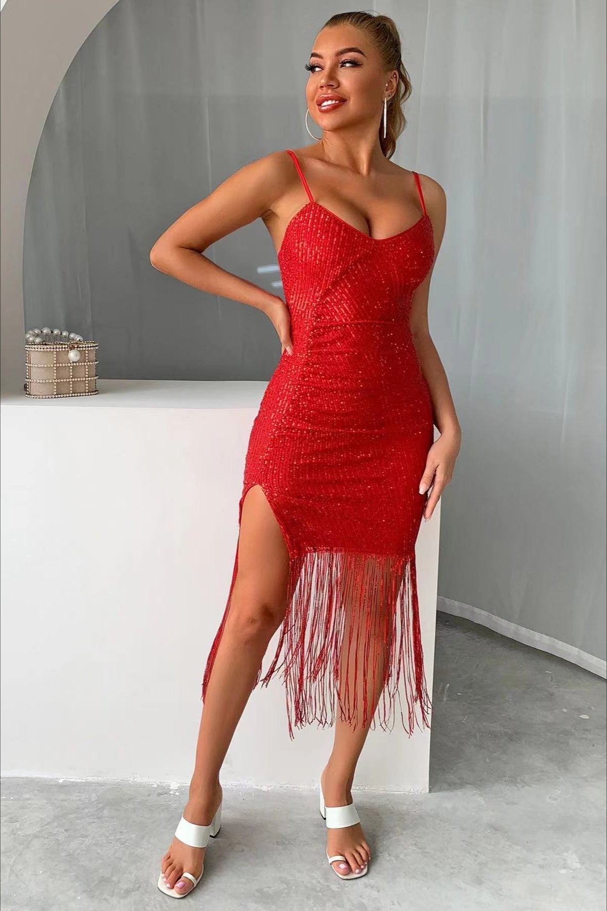 Slim V Neck Tassel Sequin Dress