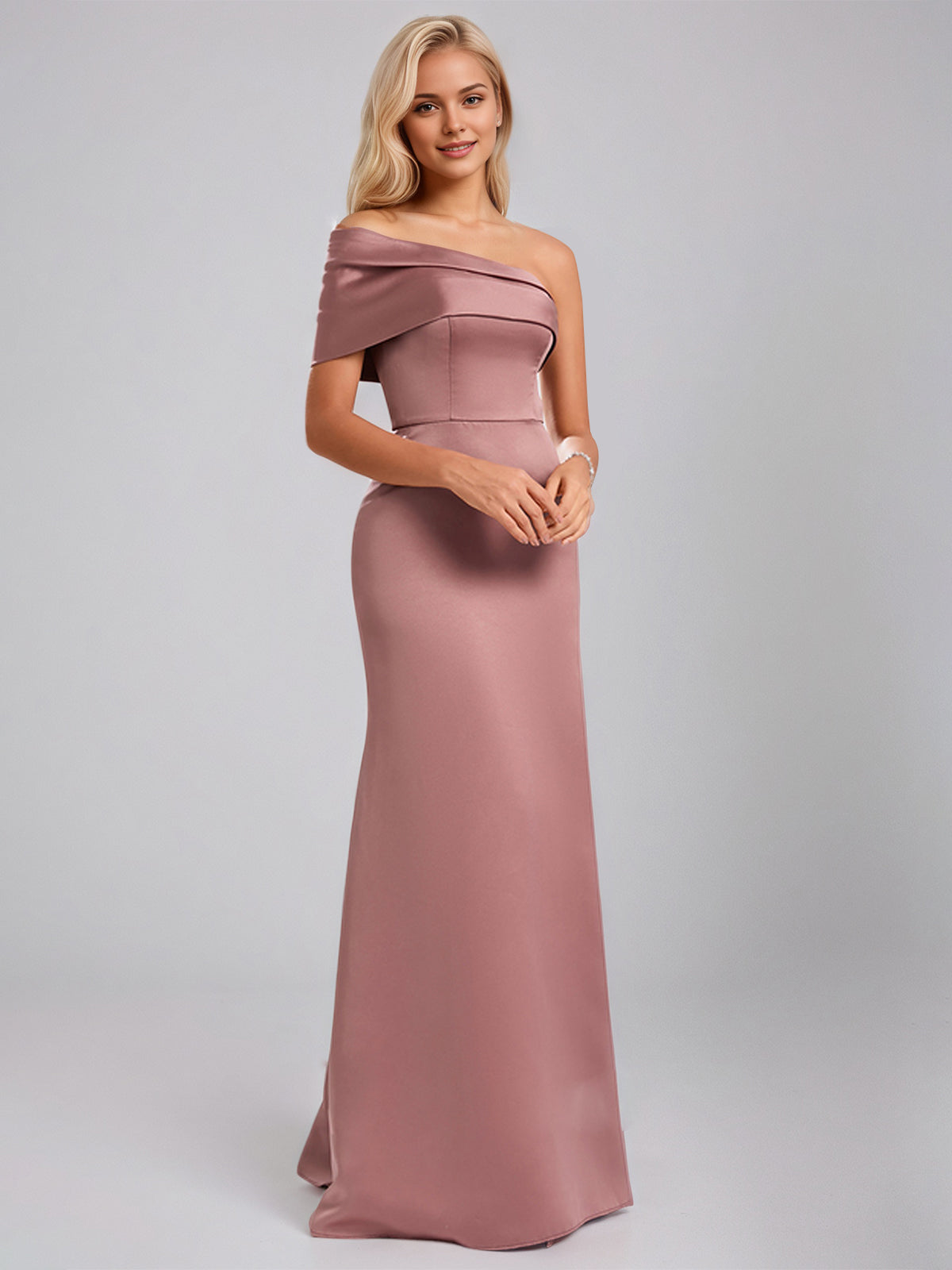 Vermilion A-Line Asymmetrical Floor-Length Satin Bridesmaid Dress
