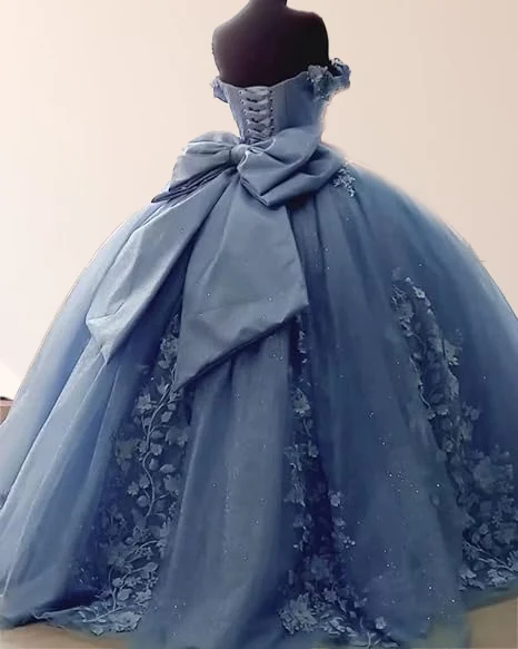 Blue Tulle Floral Flower Lace Appliques Off-the-Shoulder Ball Gown Quinceanera Dress With Bow - View 2 | FashionDia