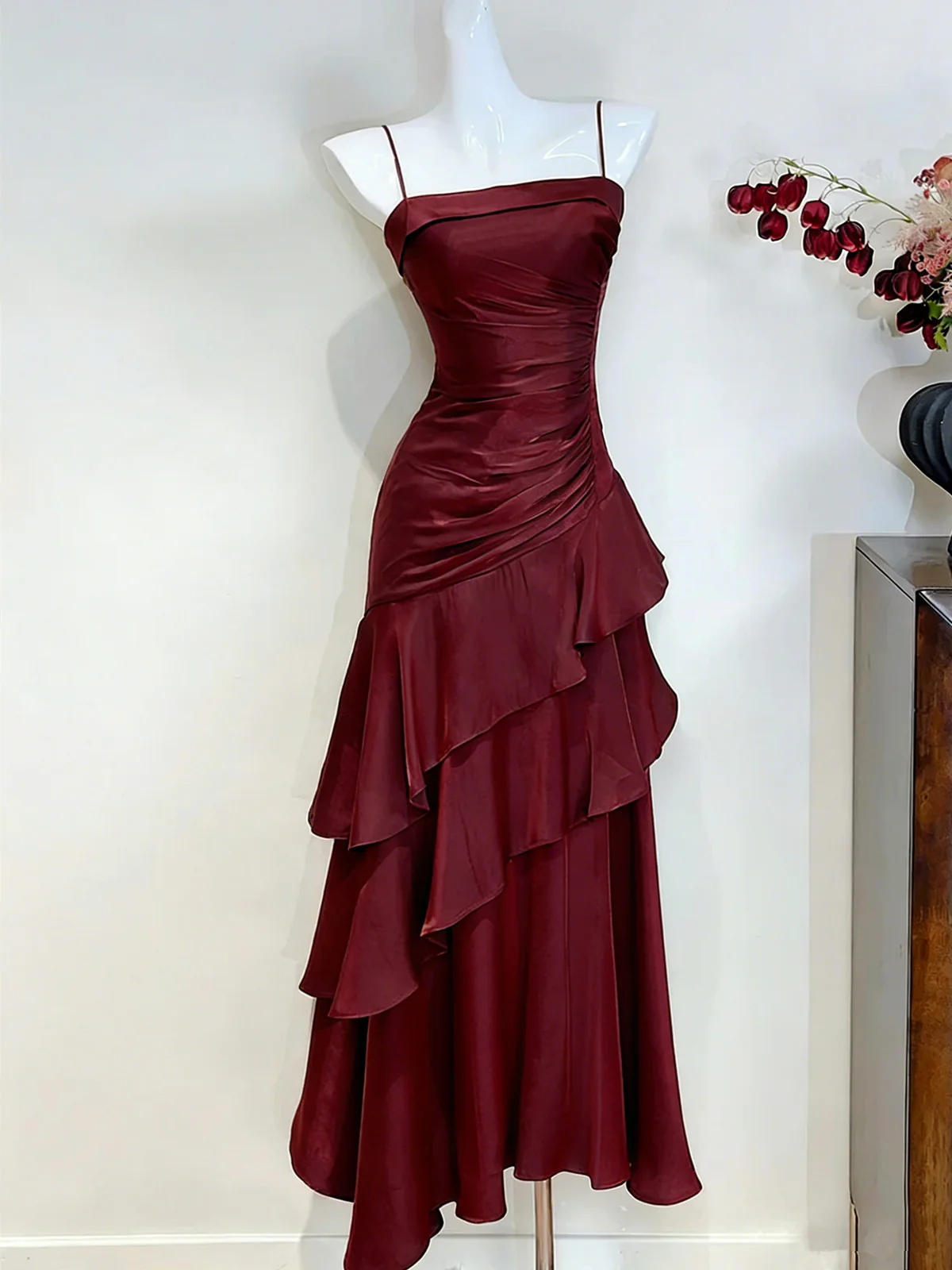 Wine Red Satin Ruched Prom Dress,Spaghetti Straps Tiered Party Dress Evening Dress - FashionDia