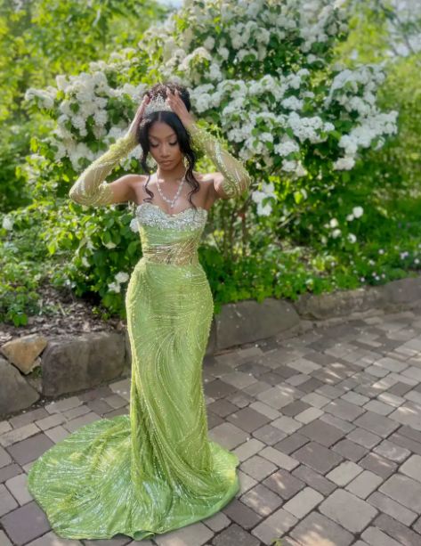 Sweetheart Neck Sheath Long Prom Dresses Tulle Sequins Green Evening Dresses