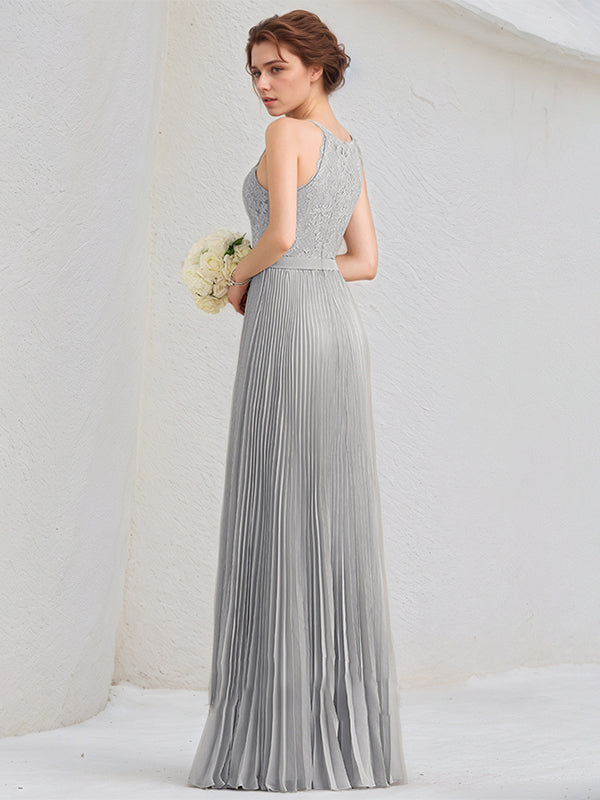 Silver A-Line Scoop Floor-Length Lace Chiffon Dresses With Pleated - View 2 | FashionDia