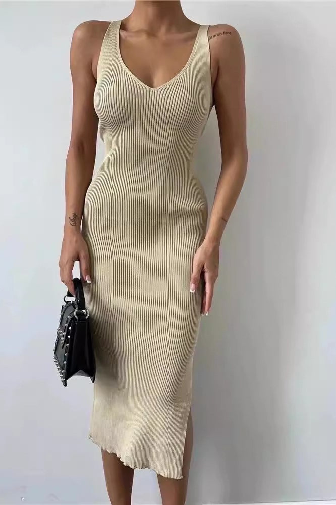 Sleeveless V-Neck Knit Bodycon Midi Split Sweater Dress - VelvetHem