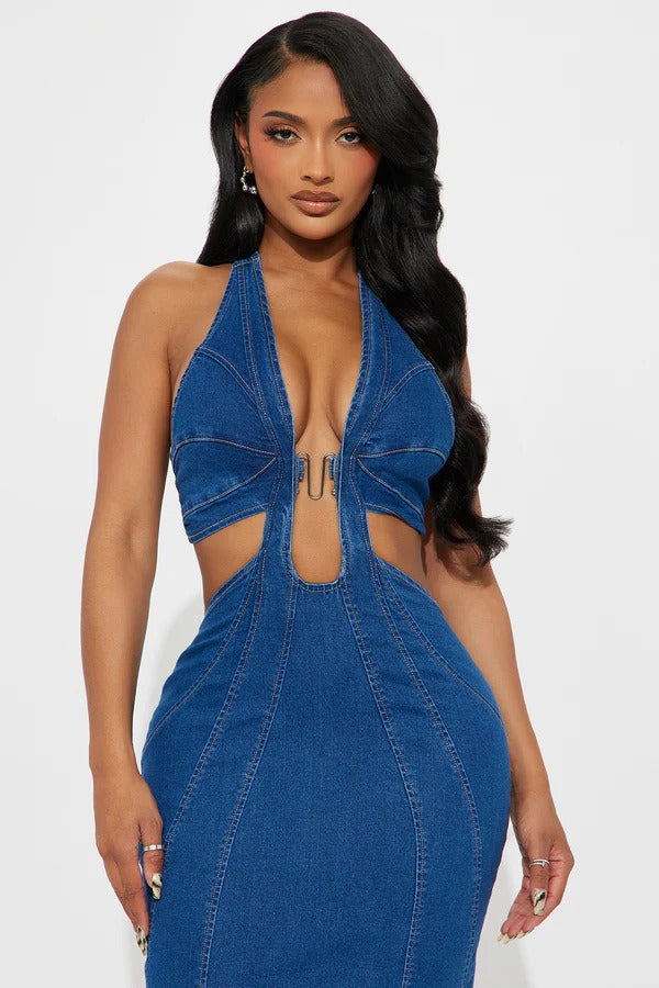 Halter Wrap Denim Dress - View 2 | VelvetHem
