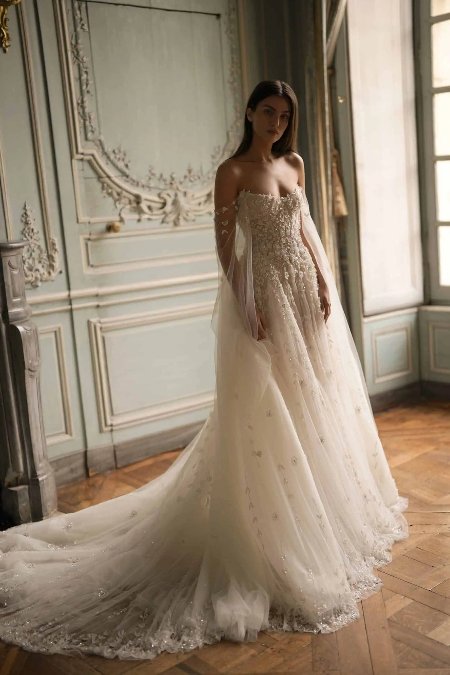 White Sparkly Beaded Corset Tulle Wedding Gown with Long Train ZP206