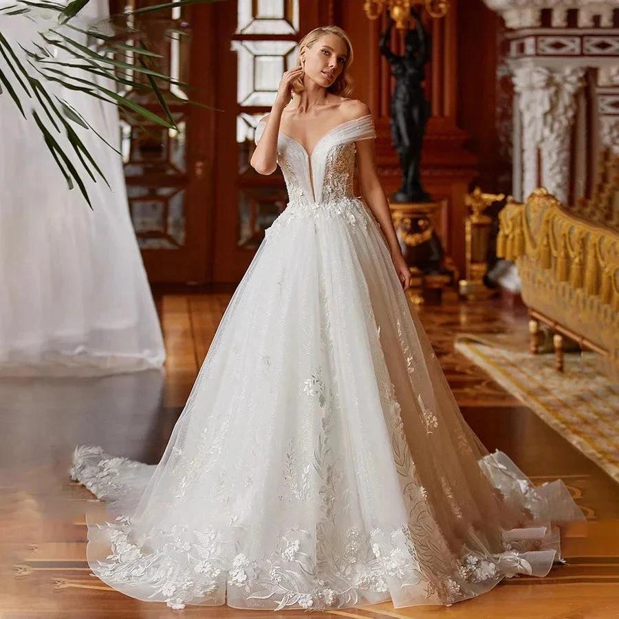 V-neck Sexy Romantic Wedding Dress 2023 A-line Floor-length Charming Off The Shoulder Beaded Appliques Bridal (ZD13358)
