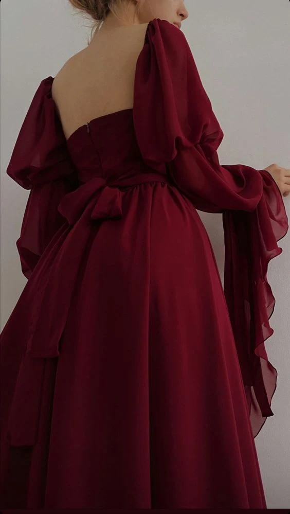 Vintage Burgundy Long A-Line Prom Dress Romantic Evening Dress Party Gown - View 3 | FashionDia