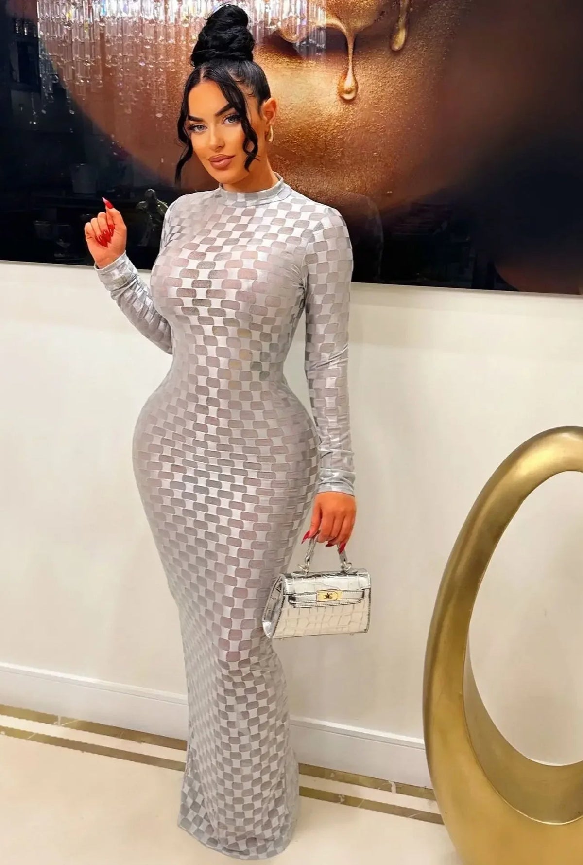 Plaid Mesh Bodycon Maxi Dress - View 2 | VelvetHem