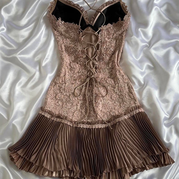Spaghetti Straps Blue Lace Birthday Dress Pleated Short Party Dress