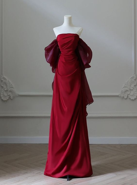 Burgundy Strapless Pleats Prom Dress Elegant Mermaid Evening Dress Wedding Party Dress - FashionDia