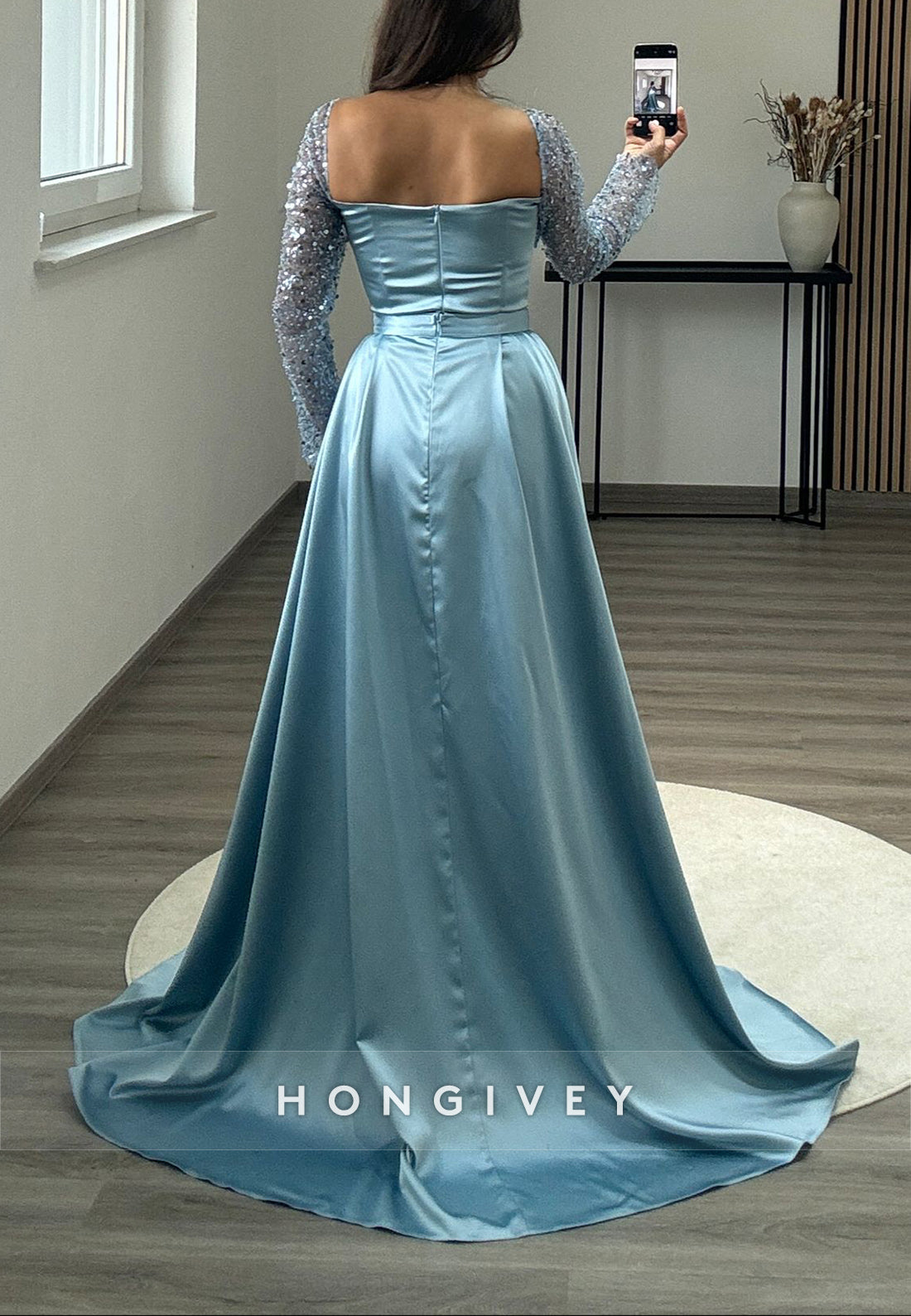 Square Long Sleeve Court Train Sequined Pleated Zipper Elegant Evening Gowns