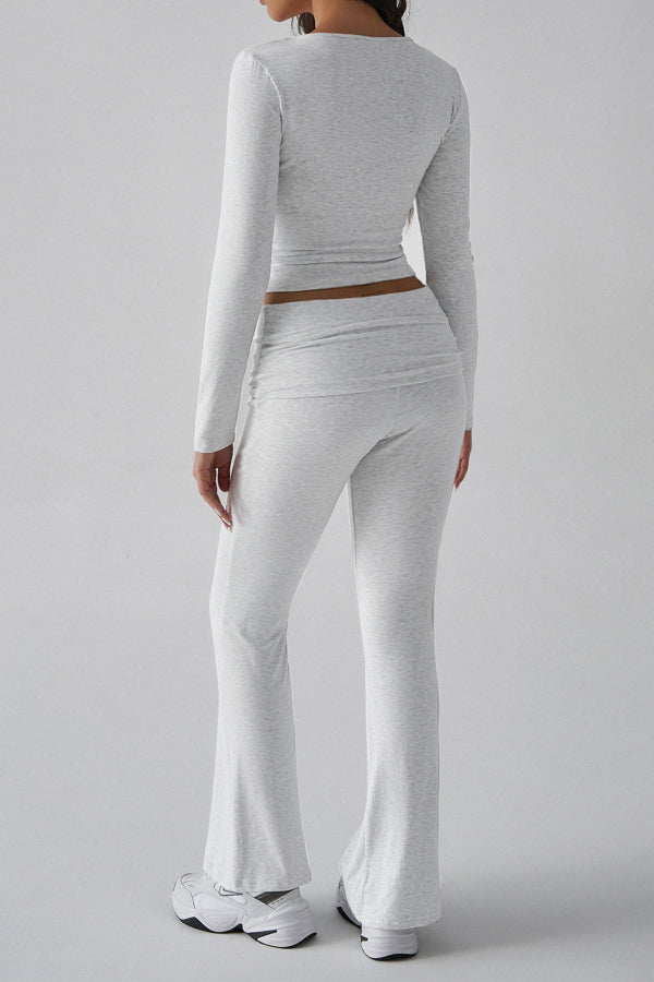 Solid Color Casual Knitted Long-sleeved Top Yoga Wear Two-piece Pants Set