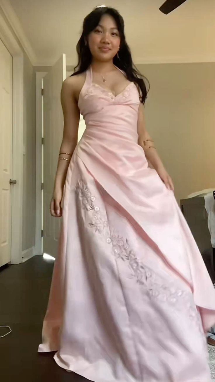 A-Line Pink Applique Long Prom Dress Satin Formal Evening Dress