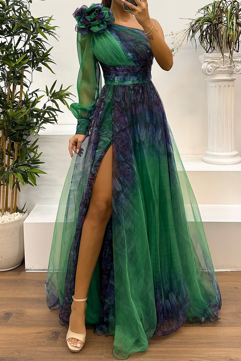 Sexy Prom Floral Print Slit Mesh Flower Shape Sloping Shoulder Evening Dresses(6 Colors) - View 6 | VelvetHem