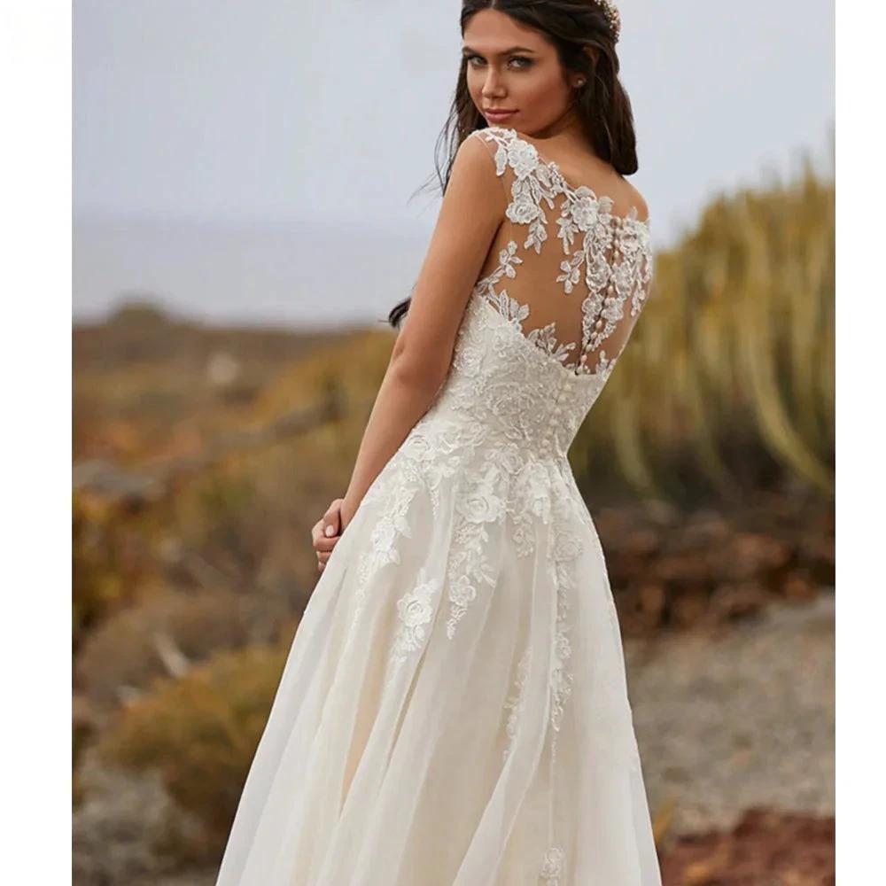 Simple A Line Wedding Dresses 2023 Sexy V Neck Sleeveless Lace Appliques Sweep Train For Women Bridal Gowns Buttons Back Robes (ZD13488)