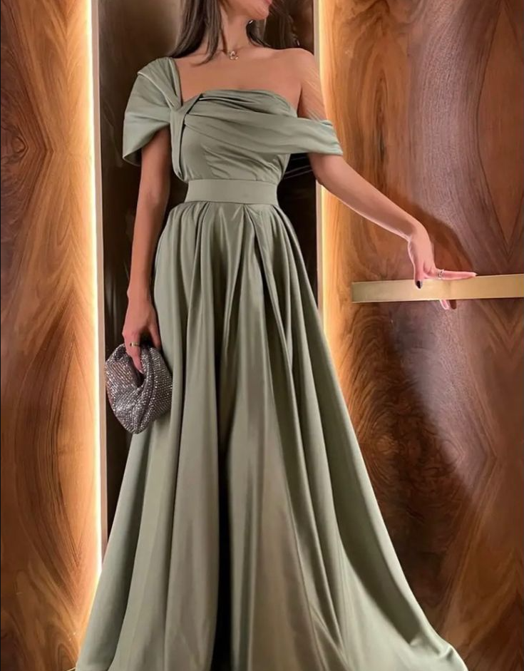 A-Line Off-the-Shoulder Sage Green Prom Dress Evening Formal Party Gowns - View 2 | FashionDia