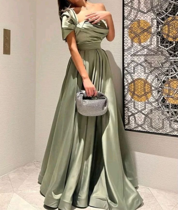 A-Line Off-the-Shoulder Sage Green Prom Dress Evening Formal Party Gowns - View 3 | FashionDia
