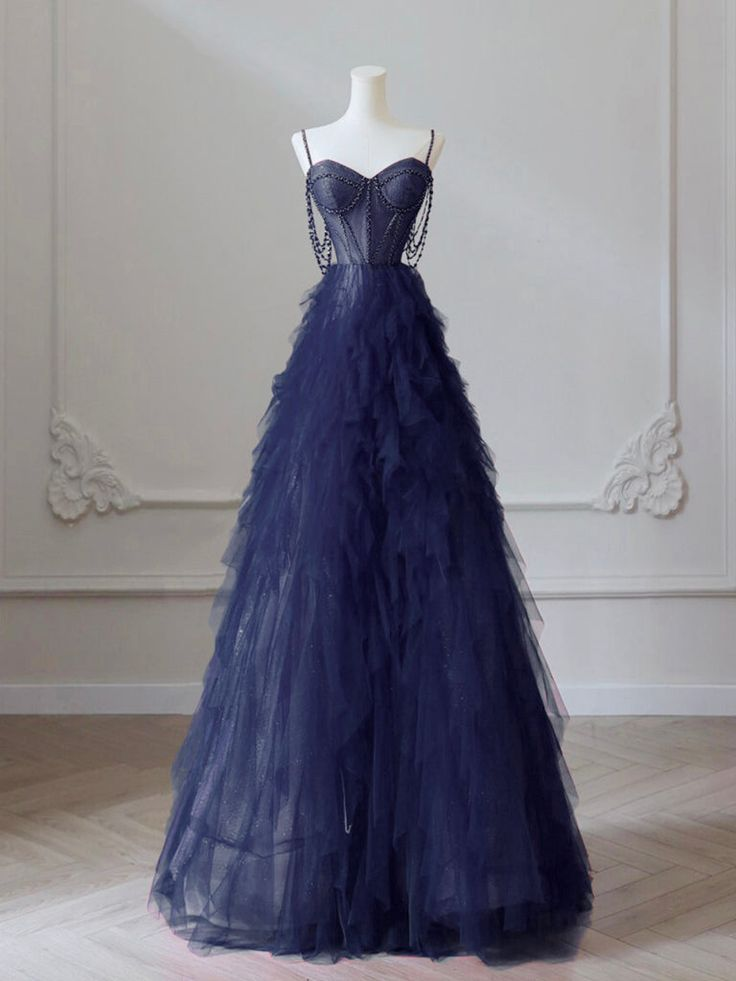 Pretty Sweetheart Neck Navy Blue Prom Dress, Tulle Beaded Long Graduation Dress Ball Gown