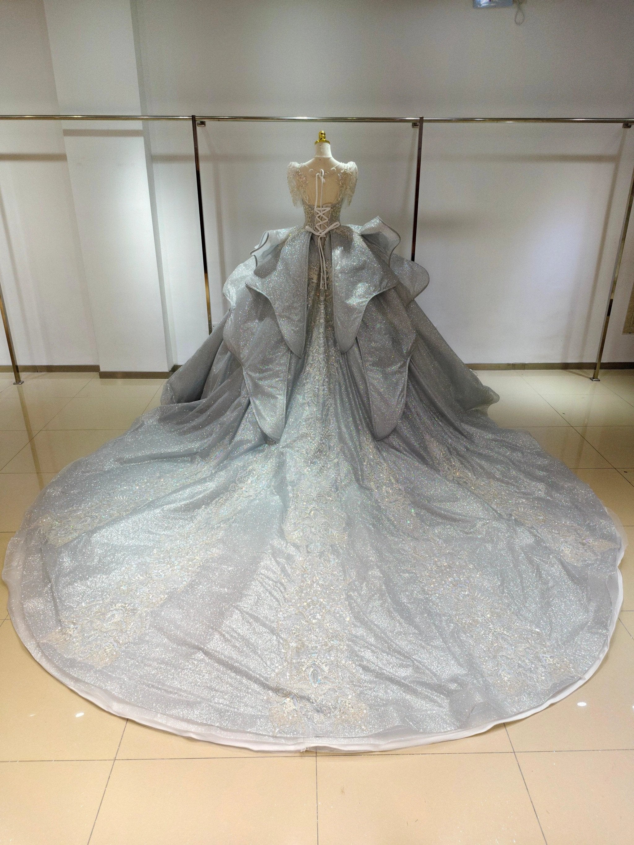 Silver Glimmer V-Neck Ballgown: Crystal-Embroidered Bust & Dramatic Bow Train (ZD16773)
