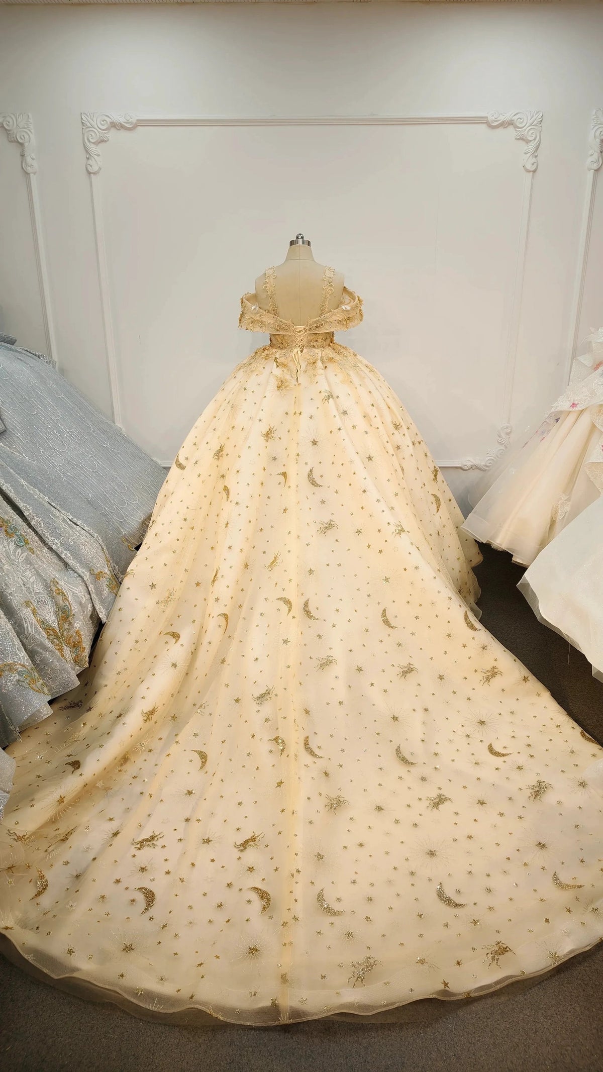 Celestial Off-the-Shoulder Ball Gown Wedding Dress with Star/Moon Embroidery & Beaded Floral Appliqu�s Ye-2040 (ZD16832) - View 4 | VelvetHem