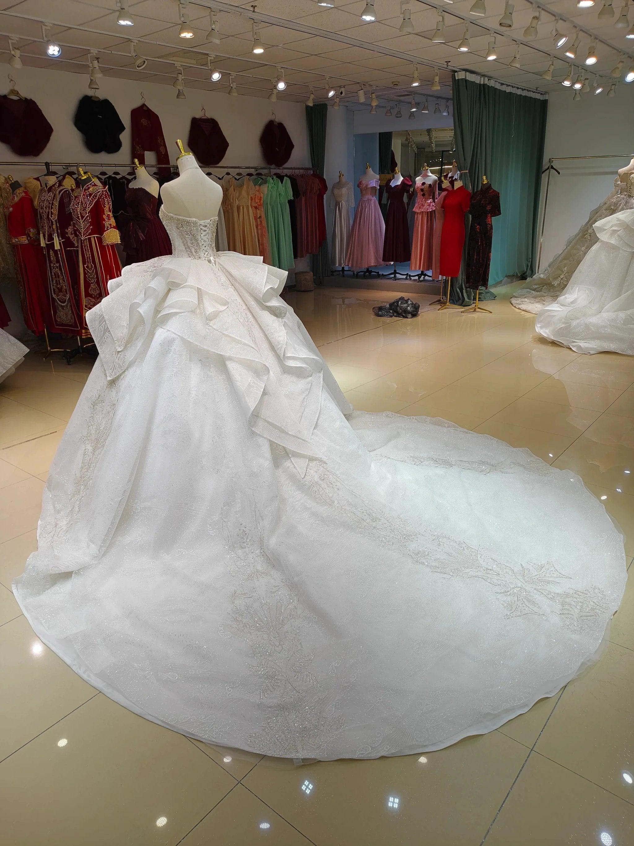 White Gleam Strapless Ballgown Beaded Bust & Ruffled Train (ZD16779)