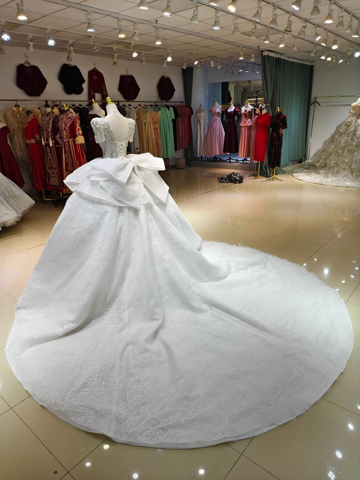 Silver Sparkle Cap-Sleeve Ballgown Beaded Bust & Bow Train (ZD16780)