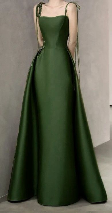 Simple A Line Green Satin Prom Dress Spaghetti Straps Long Party Evening Dress