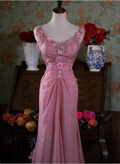 Pink Backless 3d Flower Long Prom Dress Vintage Evening Dress J7890