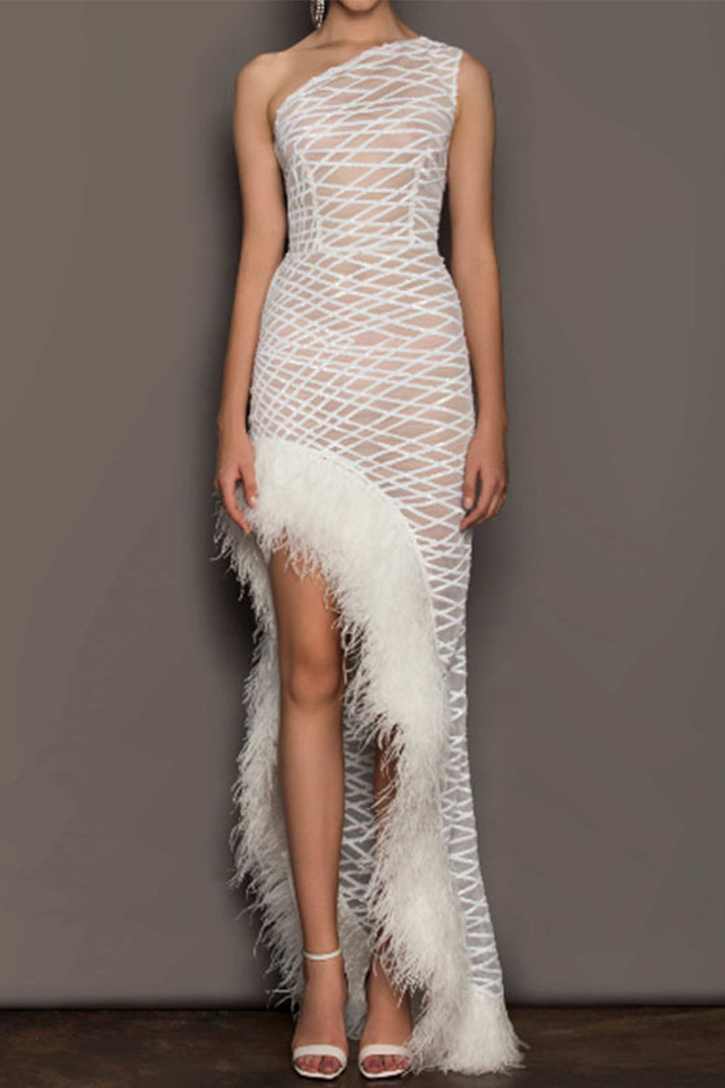 Sexy Prom Irregular Mesh Feather Hemline Sloping Shoulder Evening Dresses - VelvetHem
