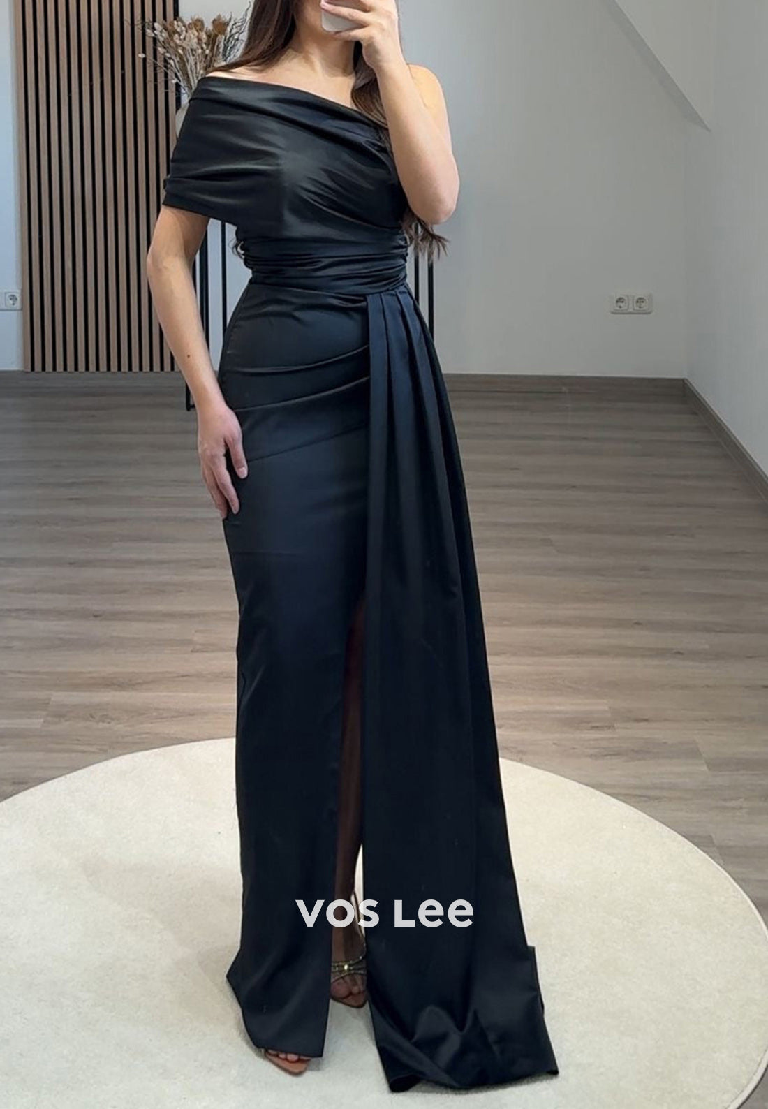 Column One Shoulder Floor-Length Pleated Split Formal Evening Dresses