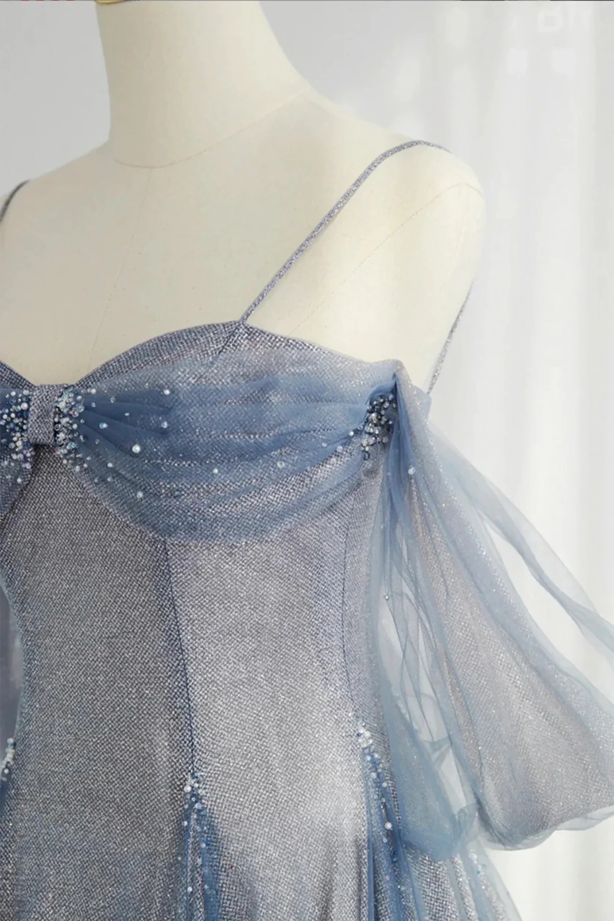 Glitter Blue Tulle A-Line Evening Dress, Blue Off-the-Shoulder Prom Dress with Puff Sleeves - View 2 | FashionDia
