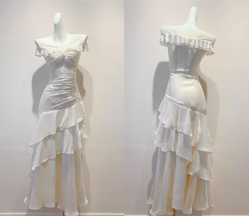 Off The Shoulder Ivory Long Prom Dress Layered Evening Dress J8606