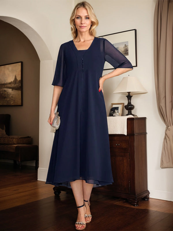 A-line Square Tea-Length Chiffon Mother of the Bride Dress