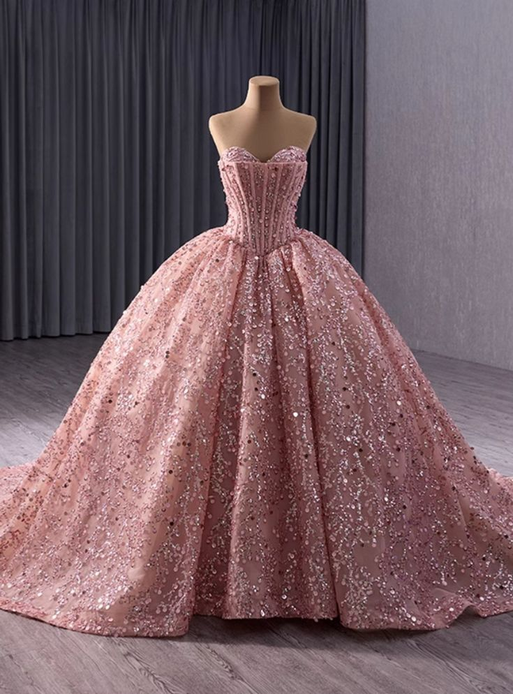 Luxury Pink Ball Gown Gorgeous Sequins Beading Prom Dress Birthday Dress - FashionDia
