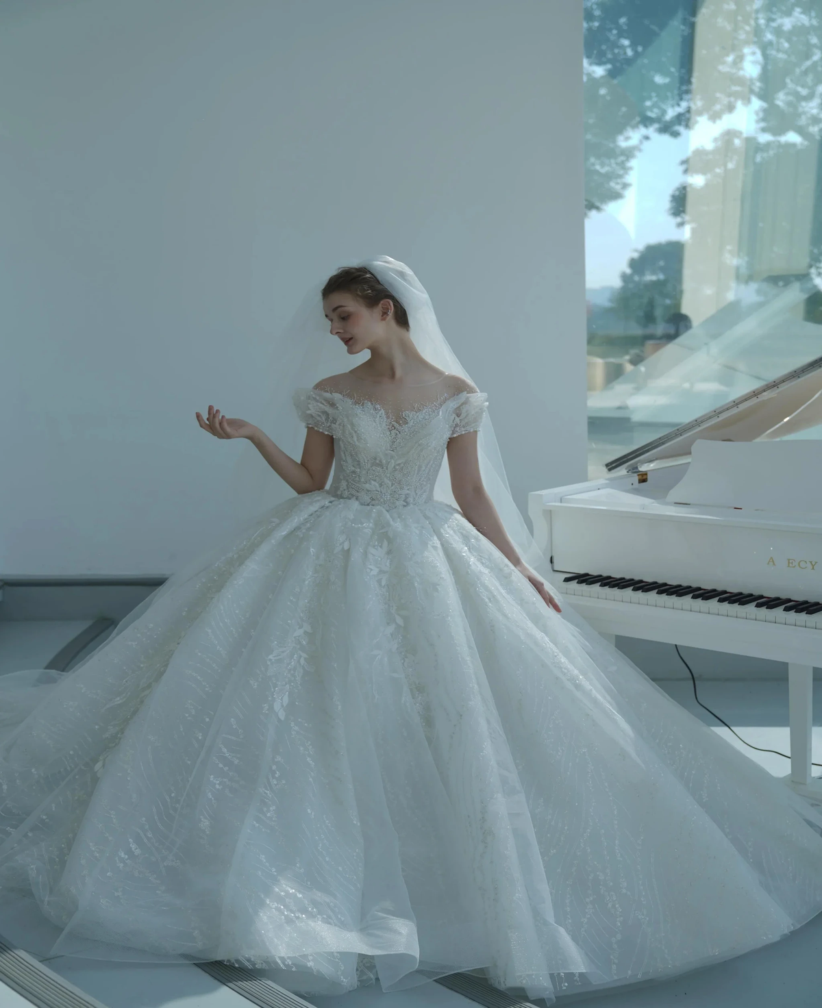 Ethereal Ball Gown Off-the-Shoulder Illusion Lace Wedding Dress with Beaded Embroidery & Cathedral Train M-002 by ZAPDRESS