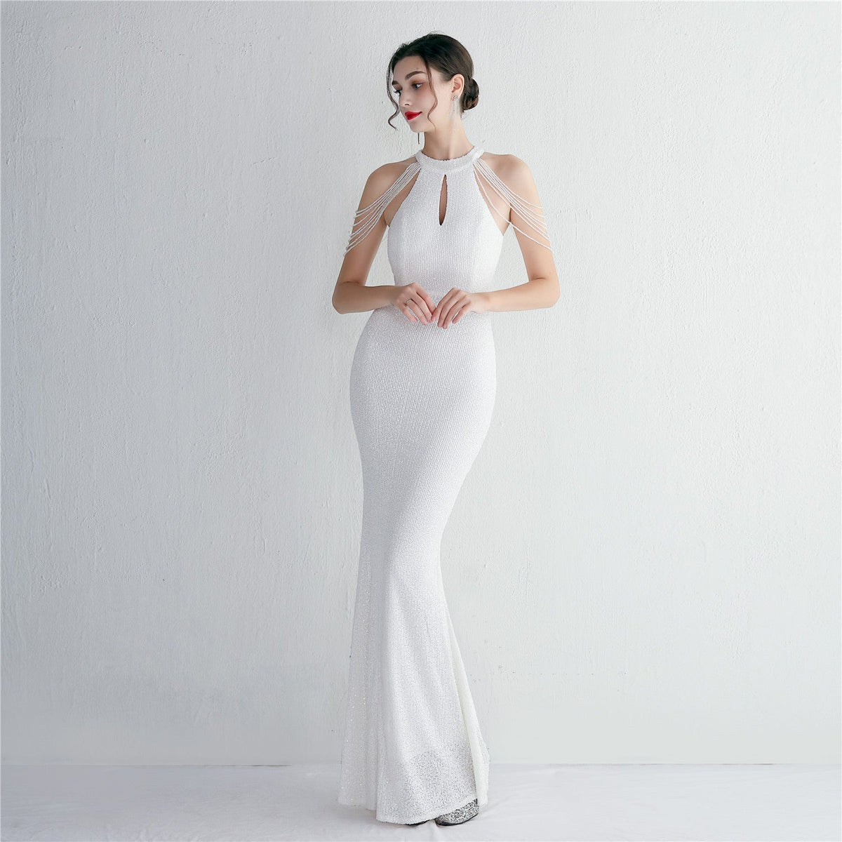 Sequined Craft Beading Cocktail Evening Dress Elegant Long Halter Slim Fit Fishtail - View 5 | VelvetHem