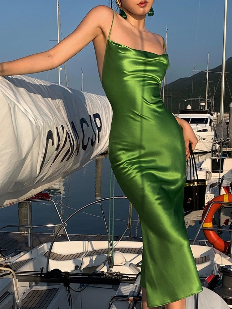 Green Sheath Stain Prom Dress Backless Sexy Evening Dress J8610