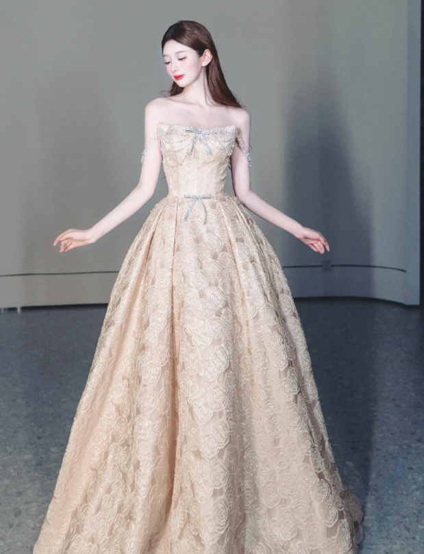 Champagne Strapless Prom Gown Lace Elegant Evening Dress - FashionDia