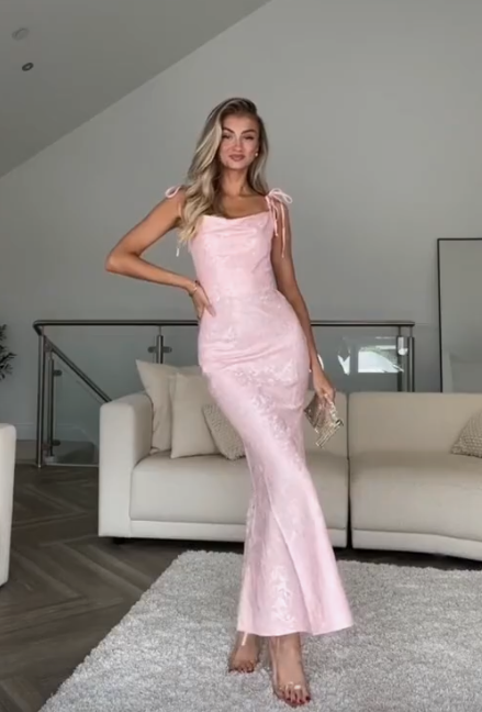 Pretty Straps Floral Print Prom Evening Gown Pink Mermaid Party Dress - FashionDia