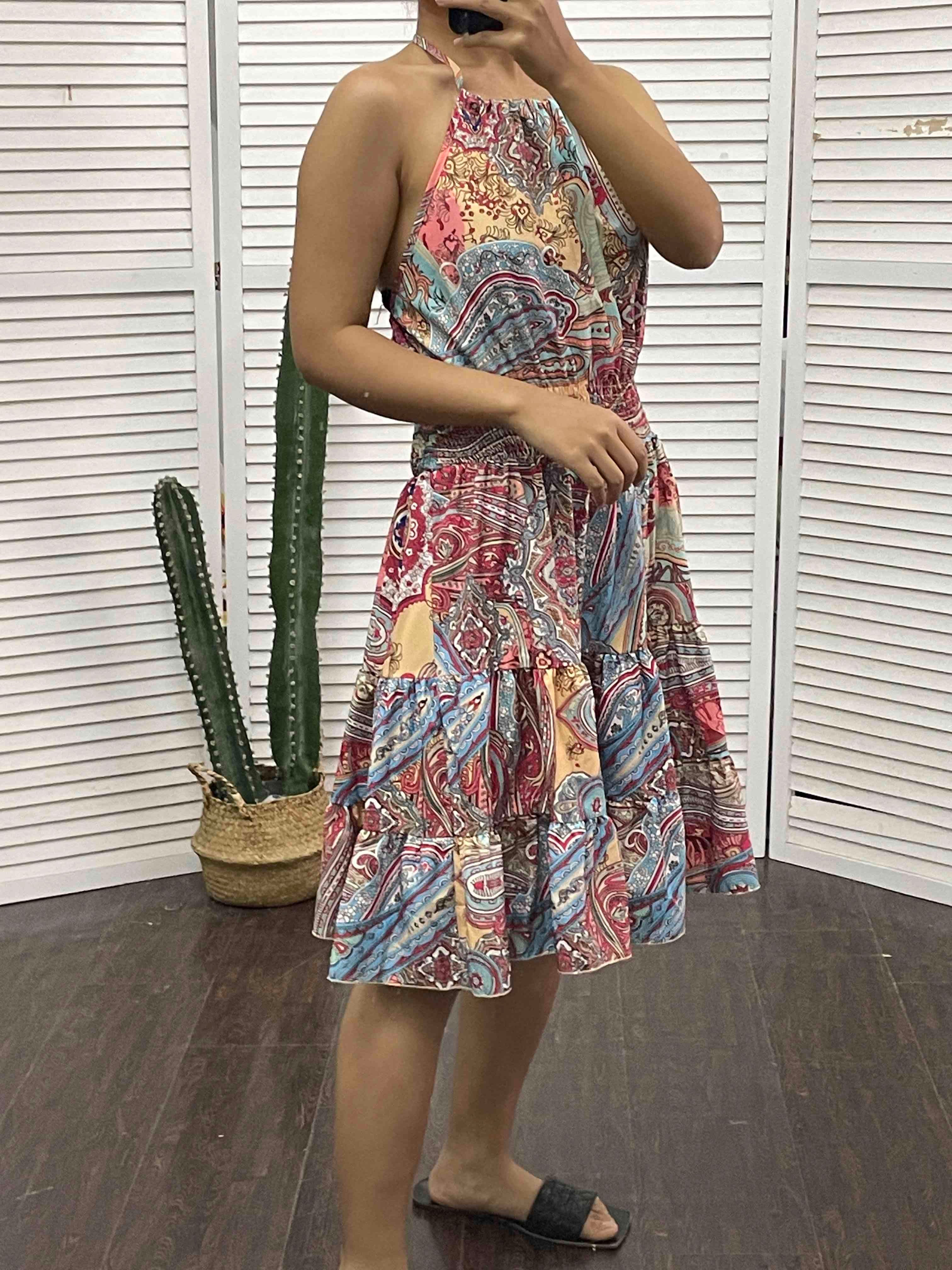 Gioconda Minimalist Tribal Print Halter Backless Dress Premium Wardrobe Essential