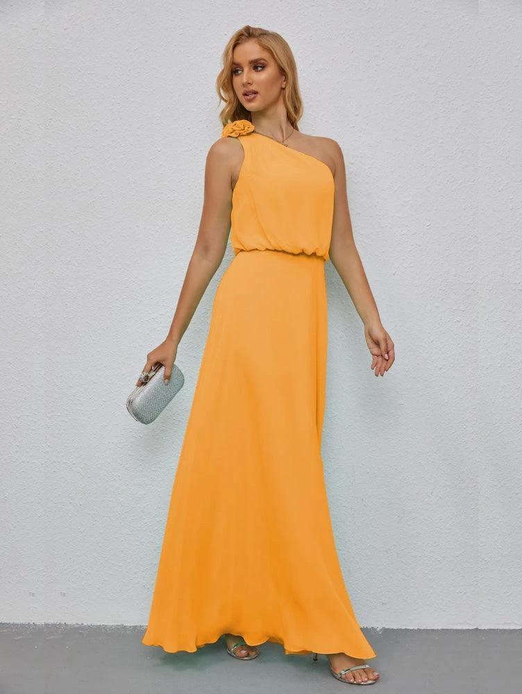 Ruffled One Shoulder Sleeveless Long Bridesmaid Dresses A-line Formal Evening Gown Side Split 28080 by numbersea
